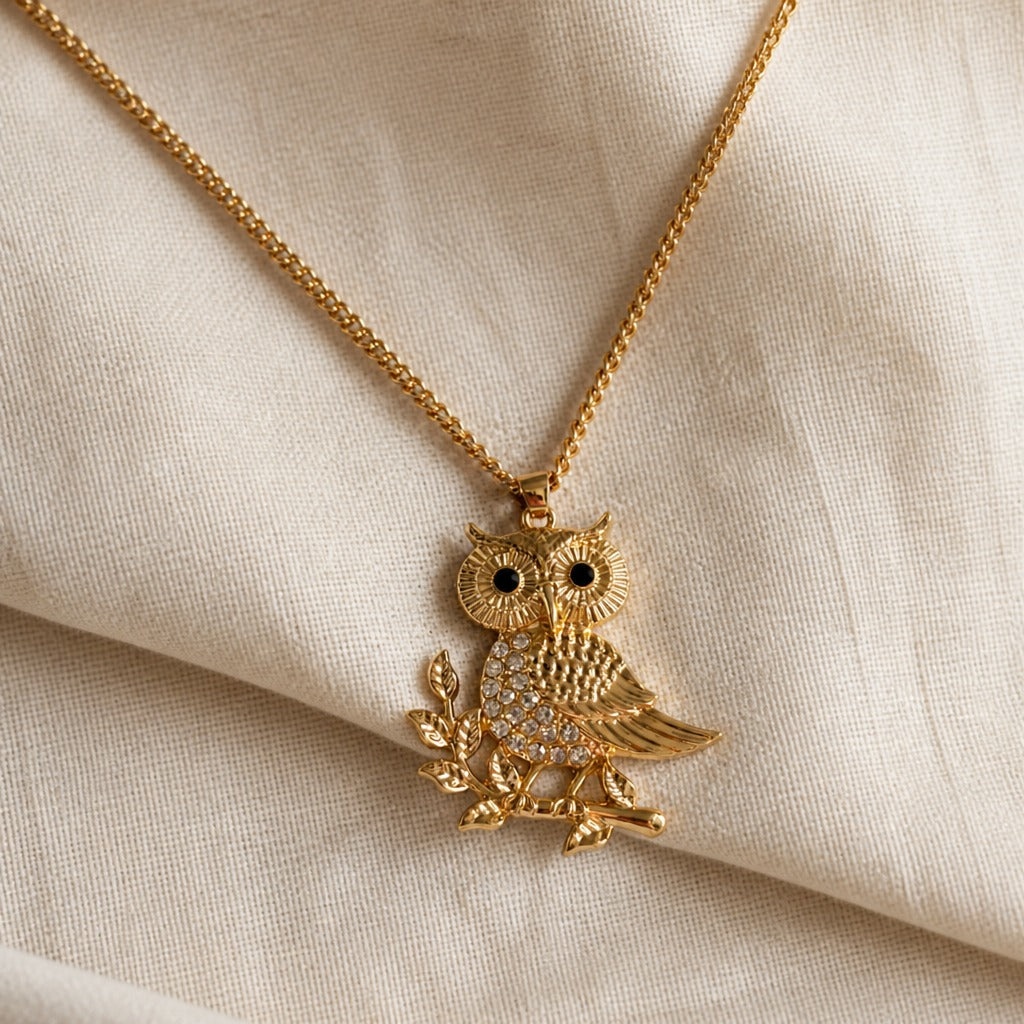 Owl Pendant Necklace with Textured Wings, Branch Detail and Gold-Tone Chain — view 2