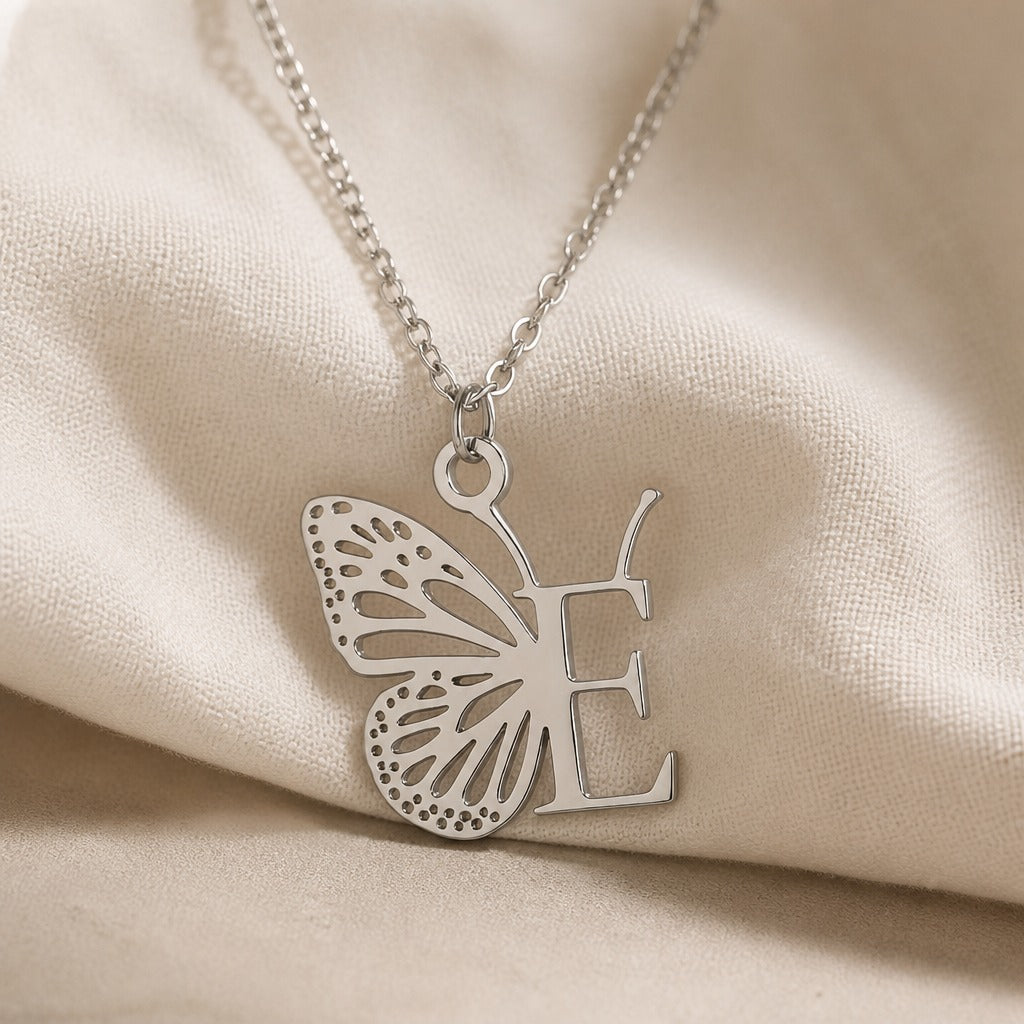 Butterfly Initial Letter Pendant Necklace with Filigree Wings, Gold or Silver Tone — view 11