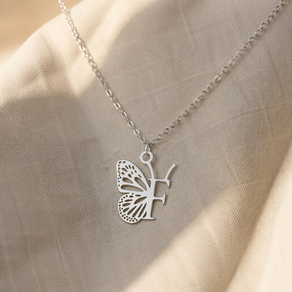 Butterfly Initial Letter Pendant Necklace with Filigree Wings, Gold or Silver Tone — view 13