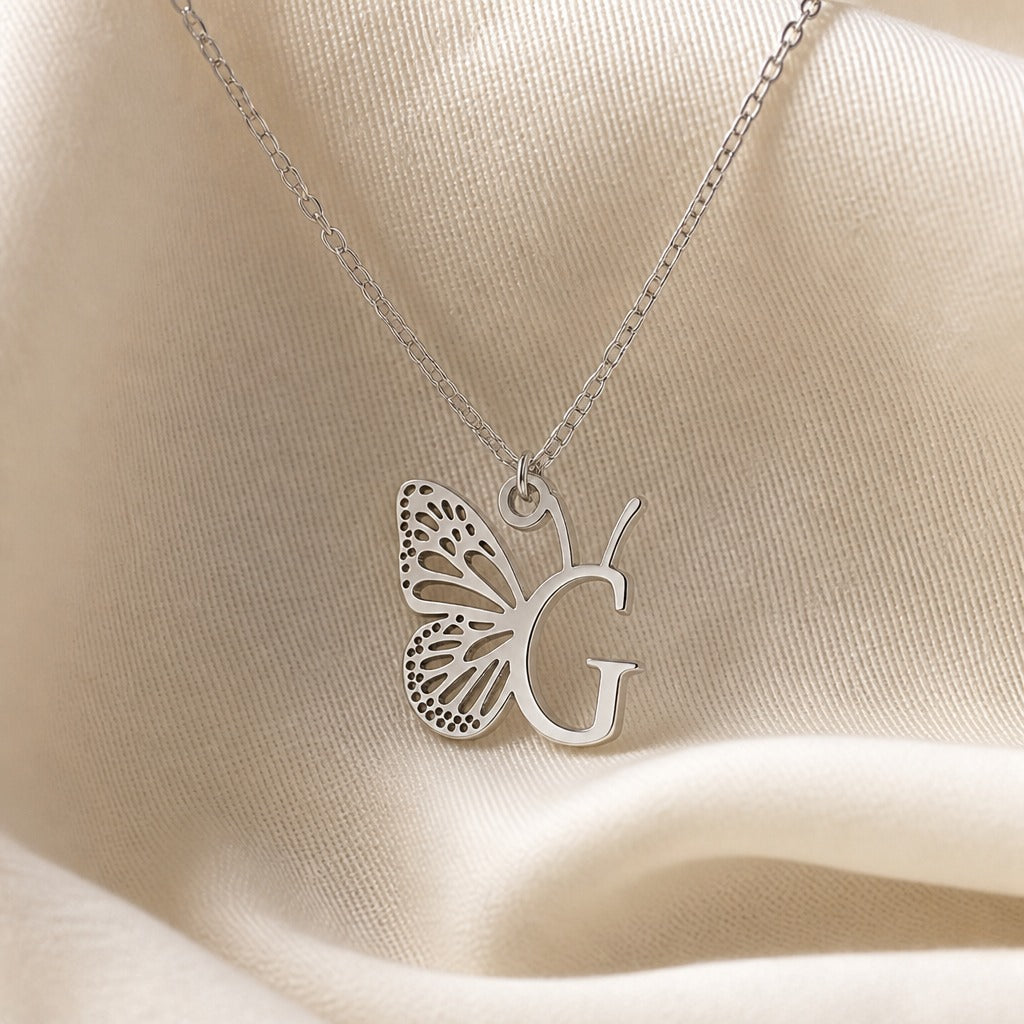 Butterfly Initial Letter Pendant Necklace with Filigree Wings, Gold or Silver Tone — view 15