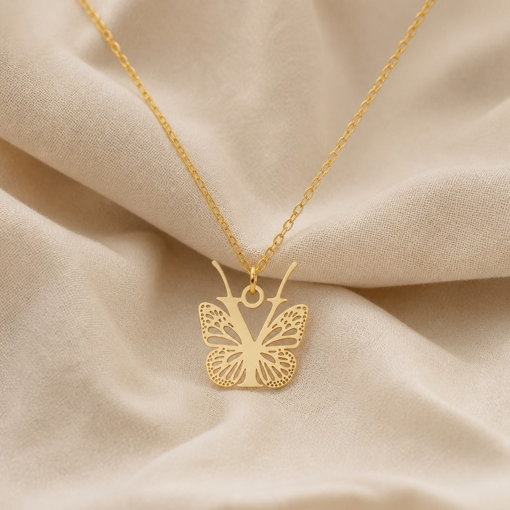 Butterfly Initial Letter Pendant Necklace with Filigree Wings, Gold or Silver Tone — view 50