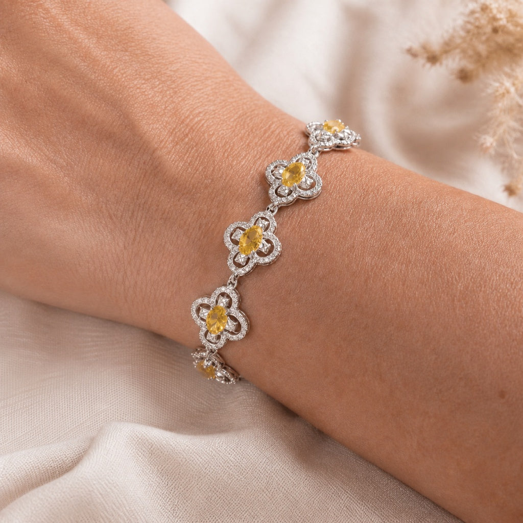 Yellow Cubic Zirconia Quatrefoil Bracelet with Silver-Tone Copper Alloy Band — main image