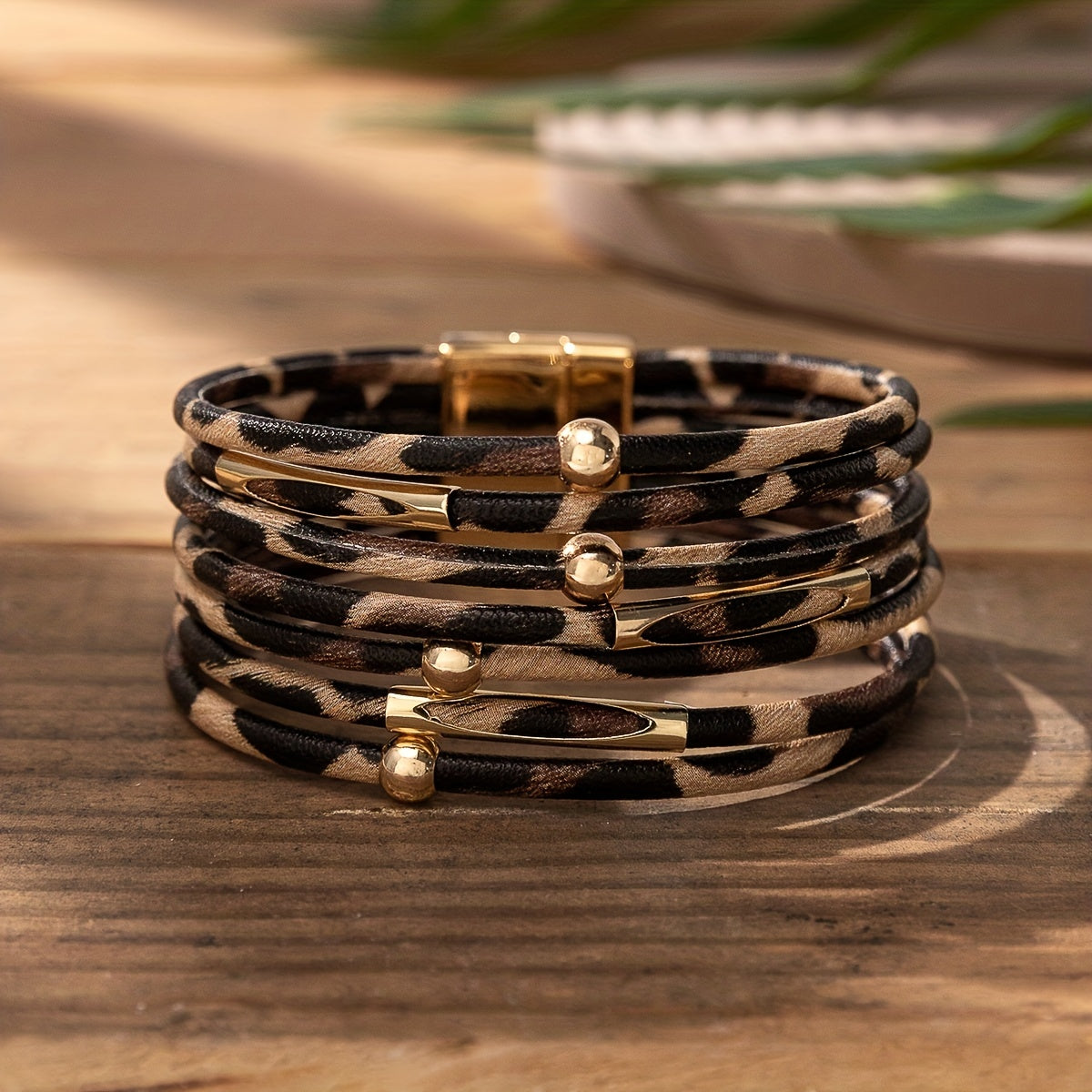 Leopard Print Wrap Bracelet with Gold-Tone Accents and Magnetic Clasp