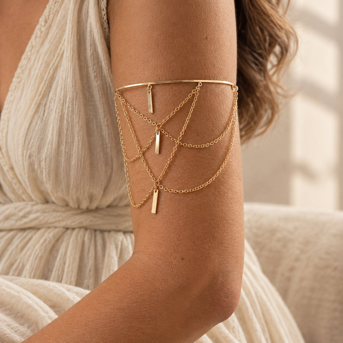 Layered Chain Arm Cuff Bracelet with Rectangular Bar Pendants, Gold-Tone — view 2