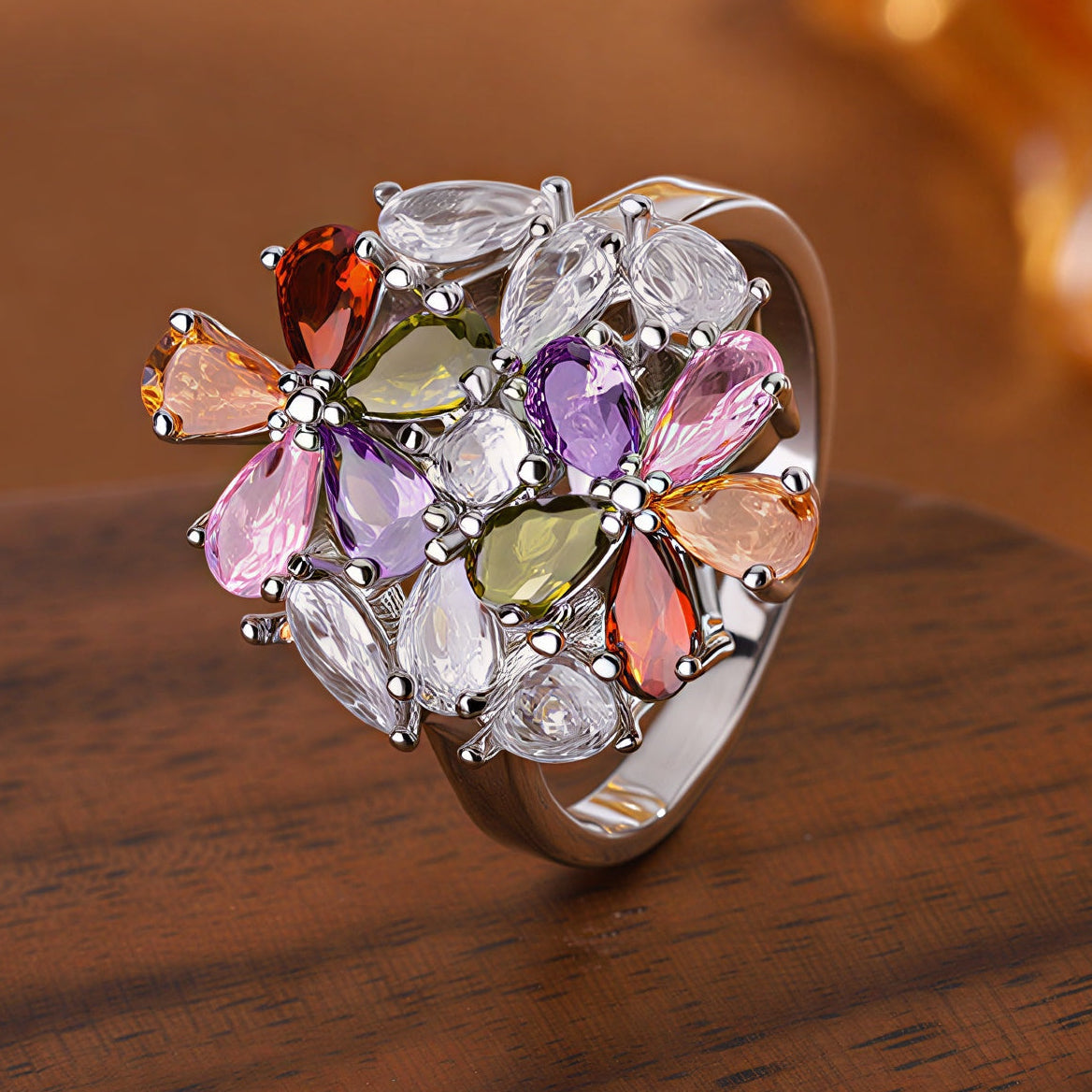 Multicolor Cubic Zirconia Petal Bloom Ring