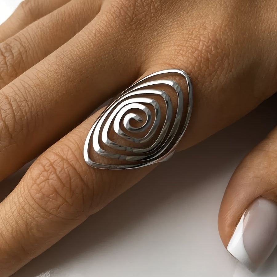 Hollow Spiral Statement Ring, Open Oval Design, Stainless Steel with Gold or Silver Finish