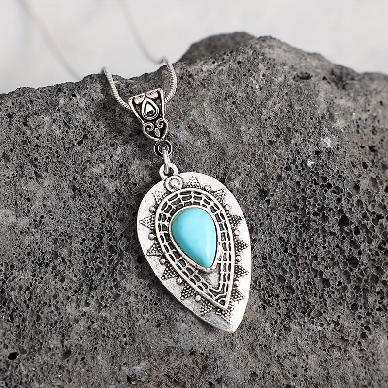 Teardrop Turquoise Pendant Necklace with Filigree Detail in Oxidized Silver