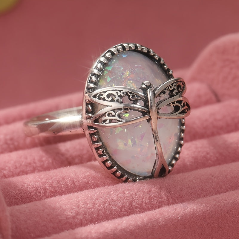 Oval Opal Dragonfly Ring with Silver-Tone Filigree Setting