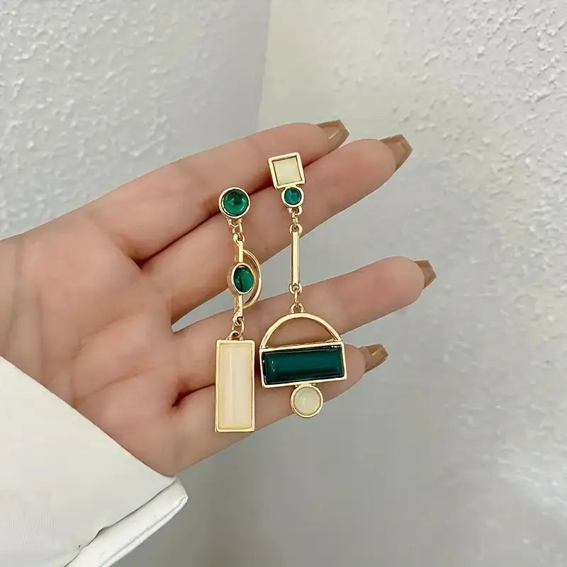Asymmetrical Emerald and Cream Drop Earrings with Geometric Stones