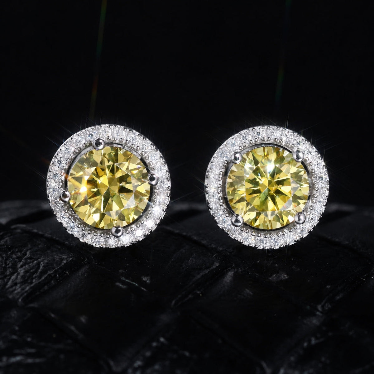 Yellow Halo Stud Earrings with Cubic Zirconia Stones — view 2
