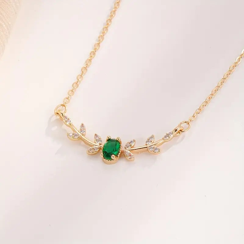 Oval Emerald Pendant Necklace with Floral Accent Stones, Gold-Tone Cable Chain