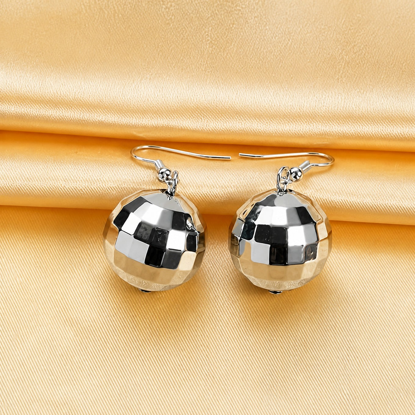 Checkered Disco Ball Dangle Earrings with Faceted Mirror-Tile Sphere