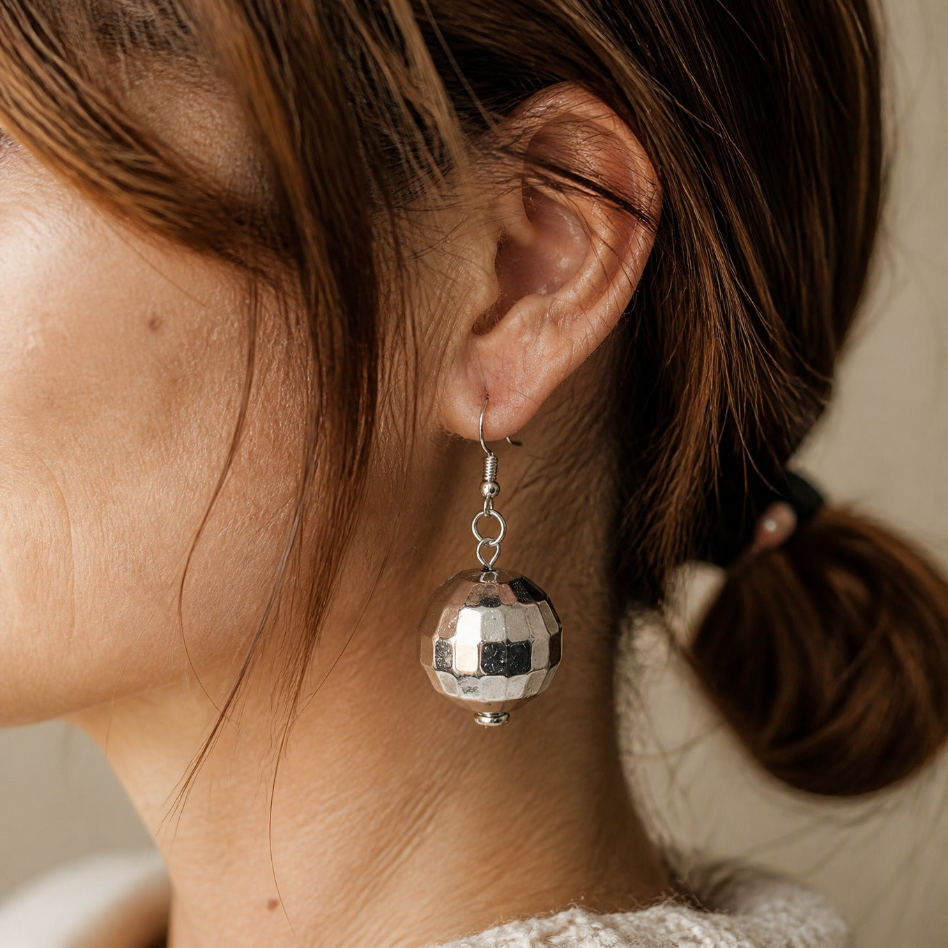 Checkered Disco Ball Dangle Earrings with Faceted Mirror-Tile Sphere
