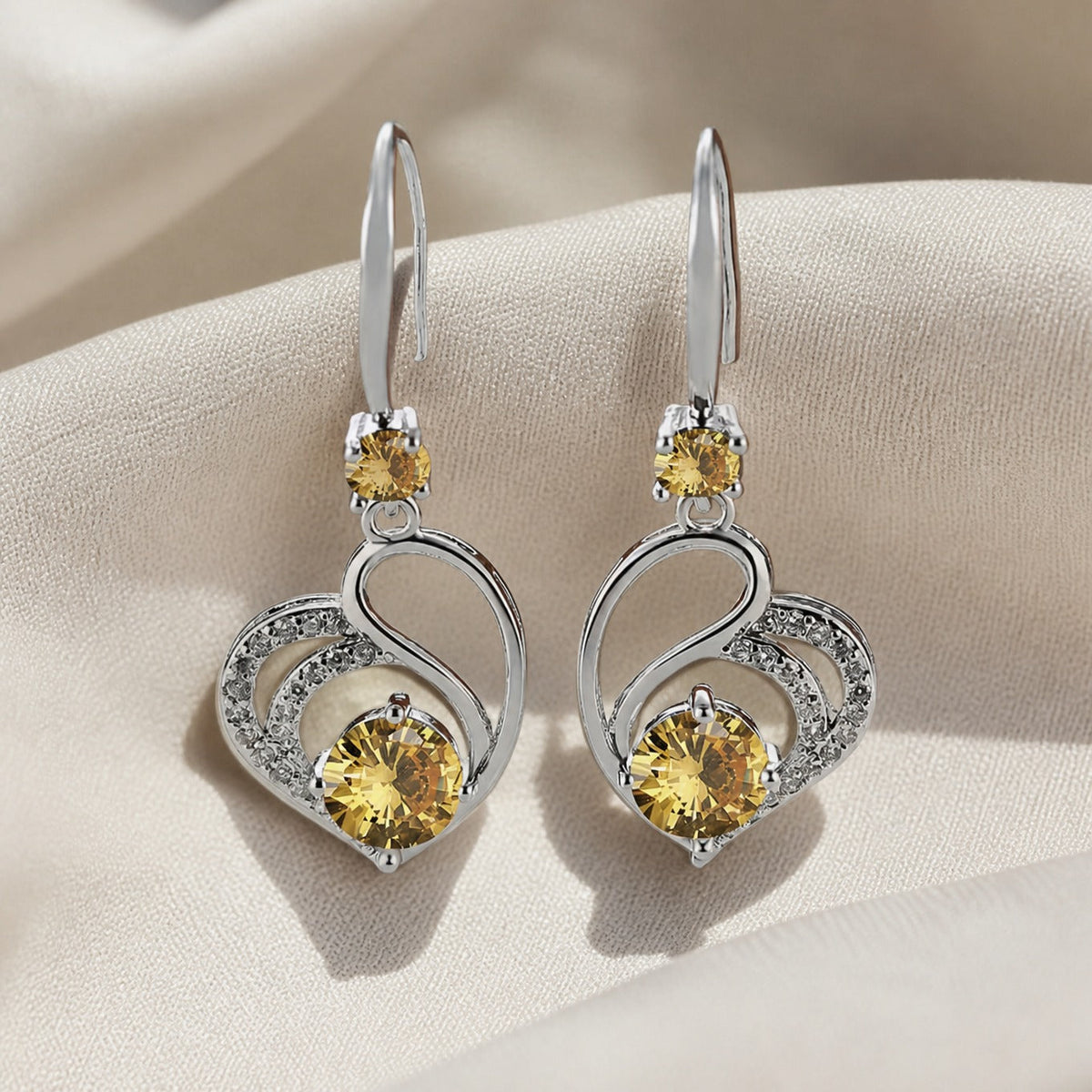 Heart-Shaped Yellow Cubic Zirconia Drop Earrings with White Gold Accents — view 2