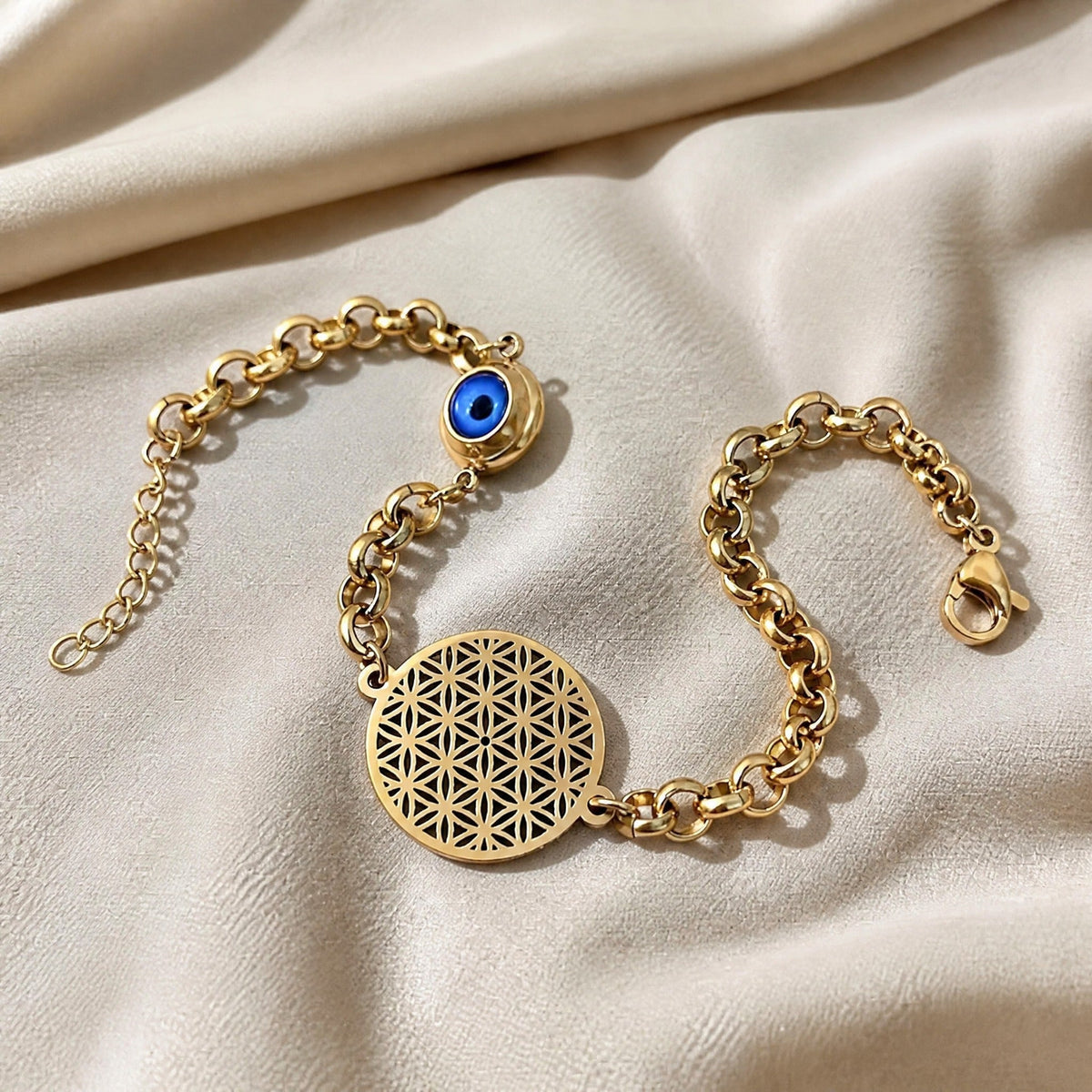 Evil Eye Gold Charm Bracelet with Filigree Flower Pendant — view 2