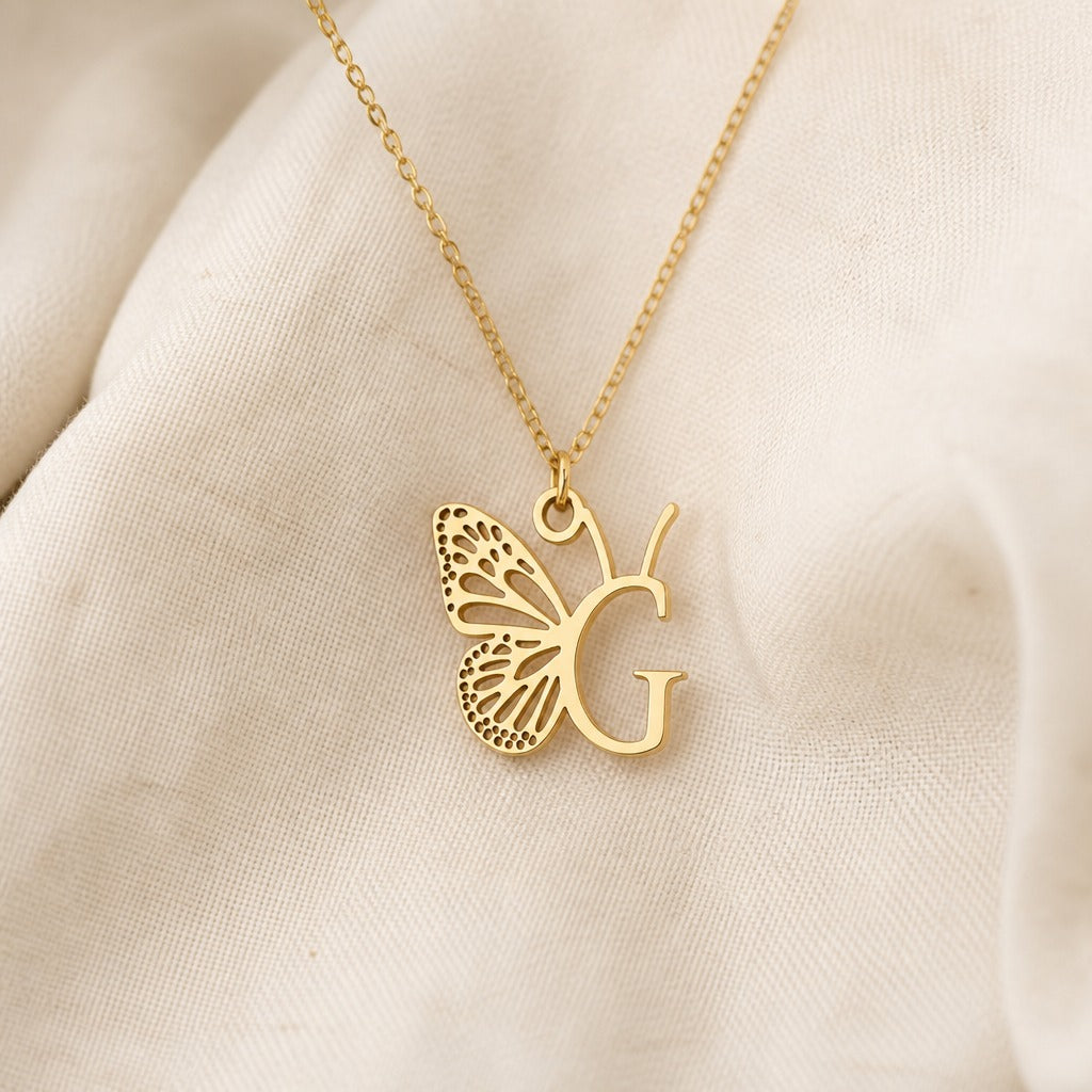 Butterfly Initial Letter Pendant Necklace with Filigree Wings, Gold or Silver Tone — view 14