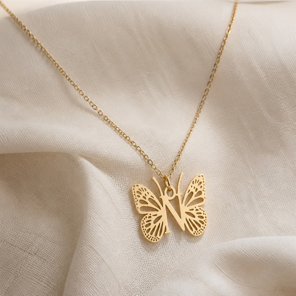 Butterfly Initial Letter Pendant Necklace with Filigree Wings, Gold or Silver Tone — view 28
