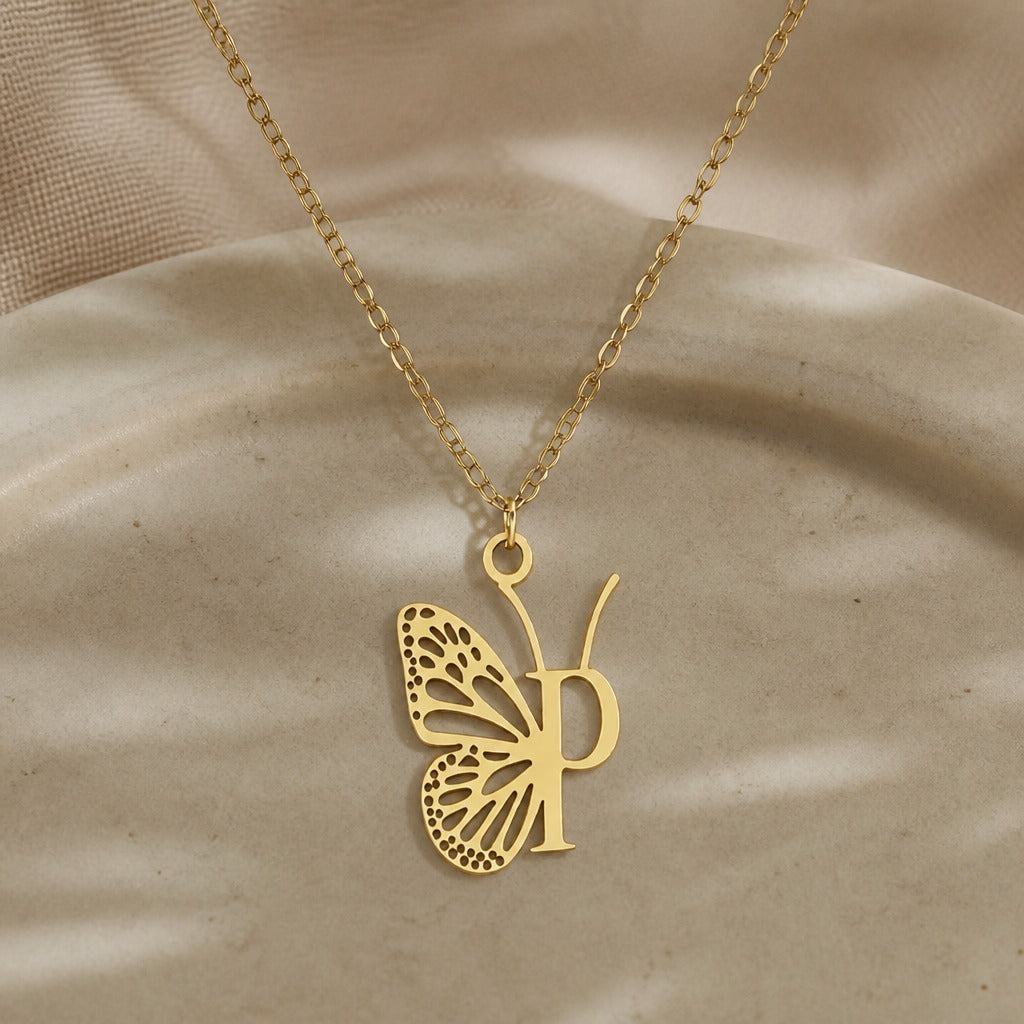 Butterfly Initial Letter Pendant Necklace with Filigree Wings, Gold or Silver Tone — view 32