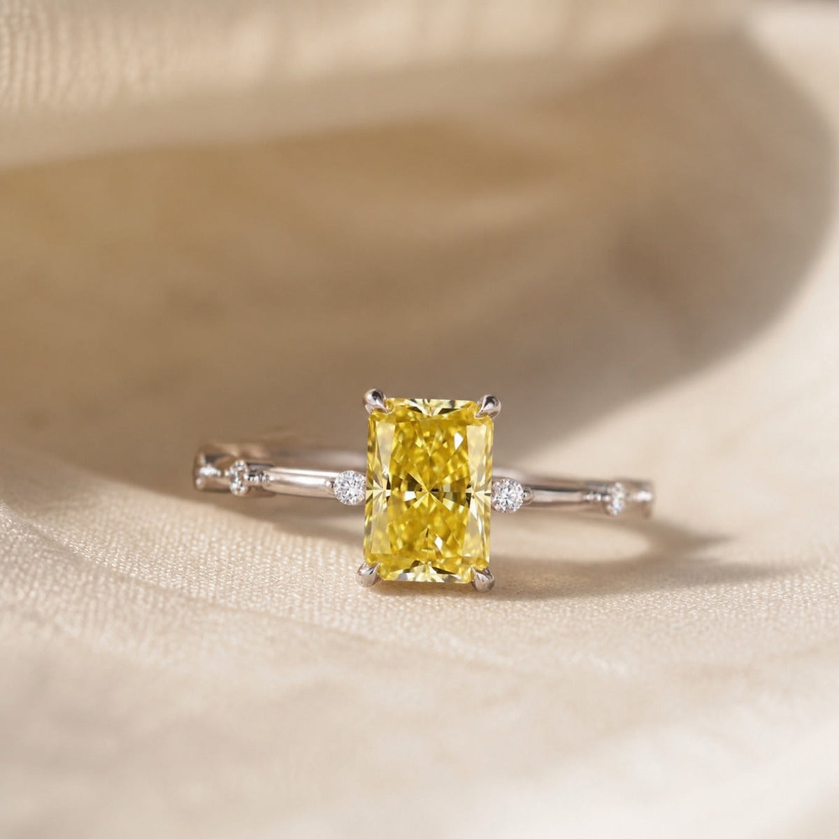 Cushion-Cut Yellow Cubic Zirconia Ring with Side Accent Stones — main image