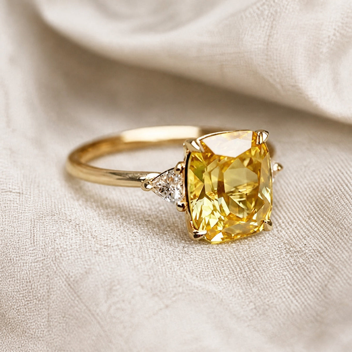 Yellow Cushion-Cut Ring with Triangular Accent Stones — main image