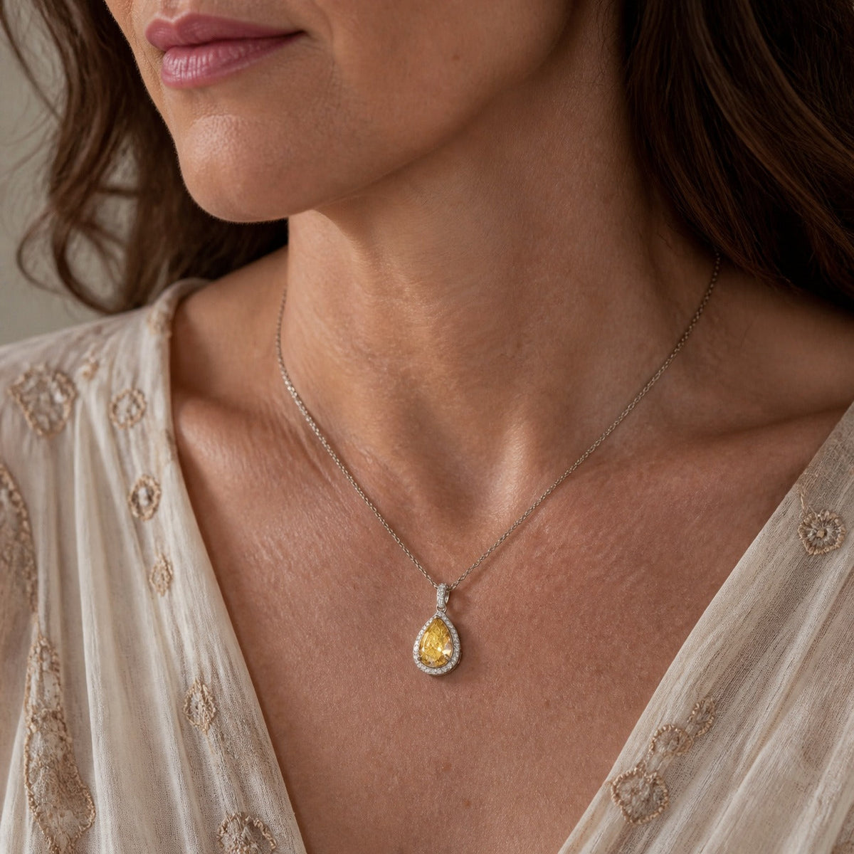 Yellow Teardrop Pendant Necklace with White Stone Halo, Silver-Tone Chain — main image