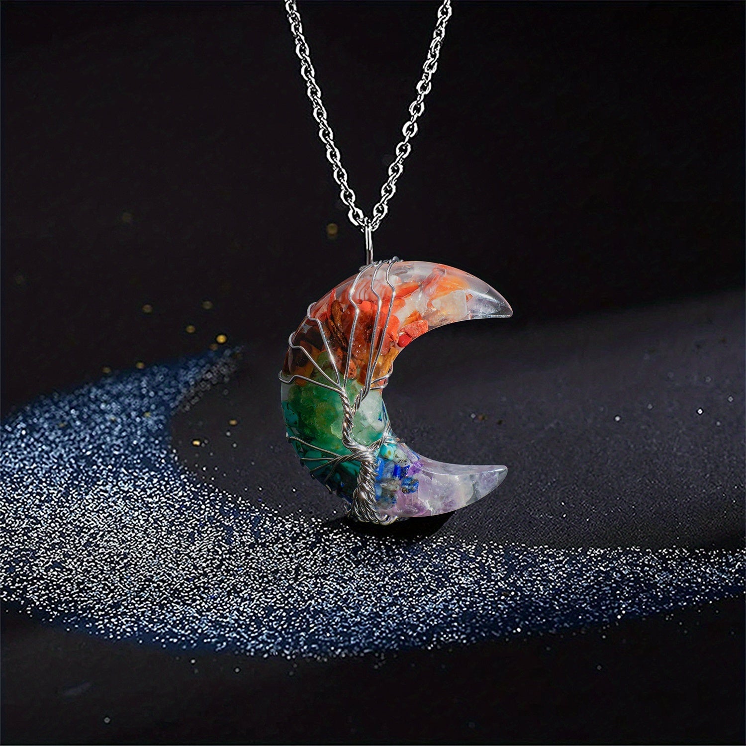Crescent Moon Multicolor Crystal Pendant Necklace with Wire-Wrapped Tree of Life Design
