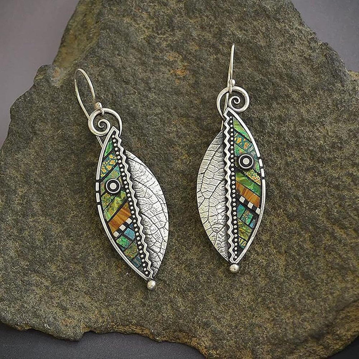 Leaf Mosaic Drop Earrings with Spiral and Beaded Detail — view 2