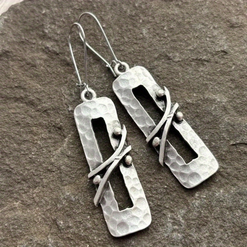 Elongated Rectangle Drop Earrings with Hammered Texture and Wire-Wrapped Detail