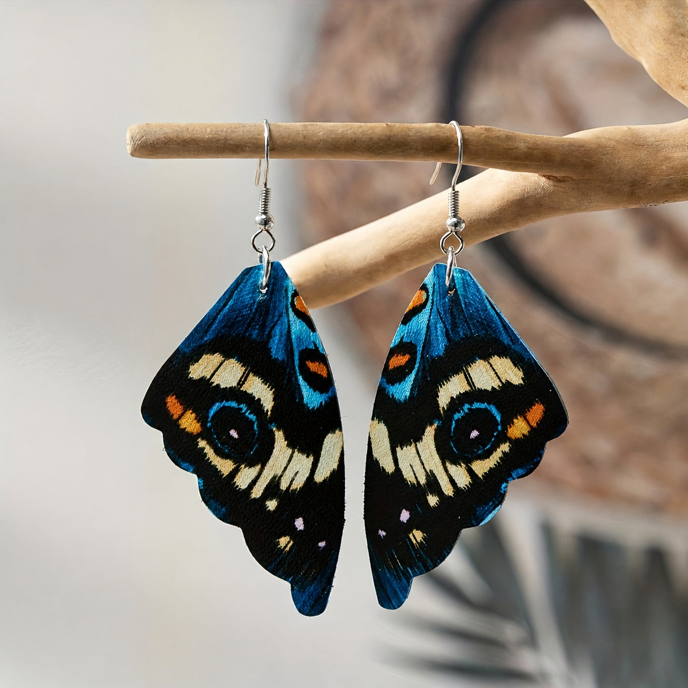 Blue Butterfly Wing Drop Earrings - PU Leather, Scalloped Edge Design