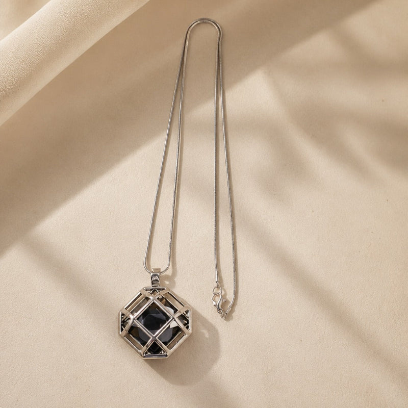 Geometric Black Crystal Pendant Necklace with Snake Chain — view 3