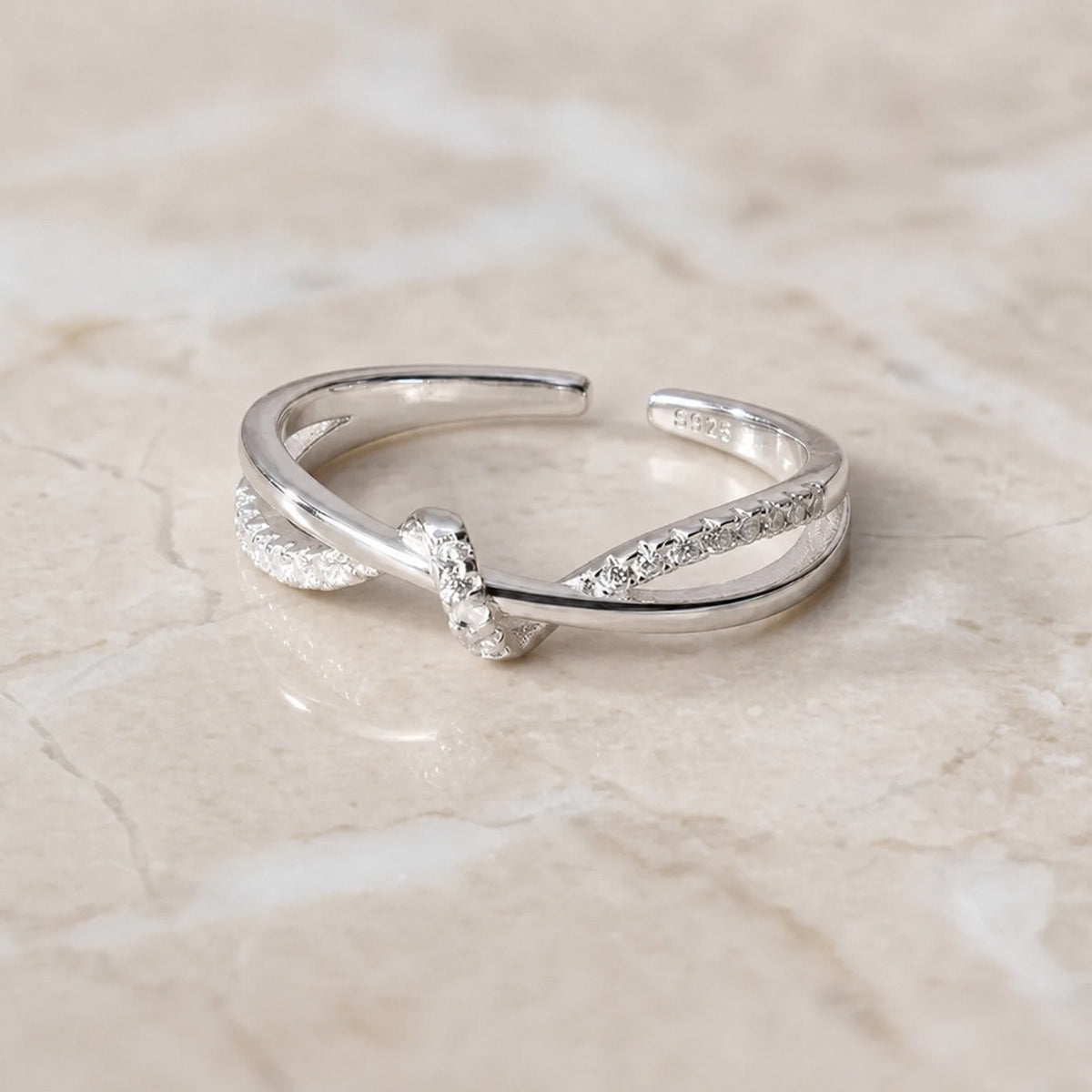 Twisted Knot Sterling Silver Ring with Crystal Accents, Adjustable Band — main image