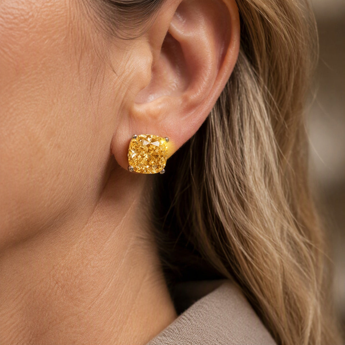 Cushion-Cut Golden Cubic Zirconia Stud Earrings with White Gold-Plated Inlay — main image