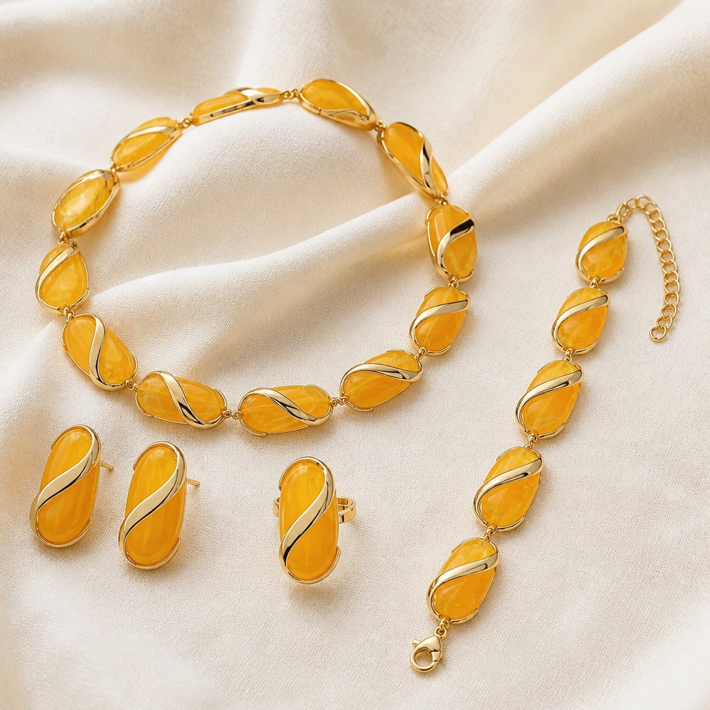 Teardrop Amber Resin Jewelry Set – Necklace, Bracelet & 3 Earring Pairs — main image