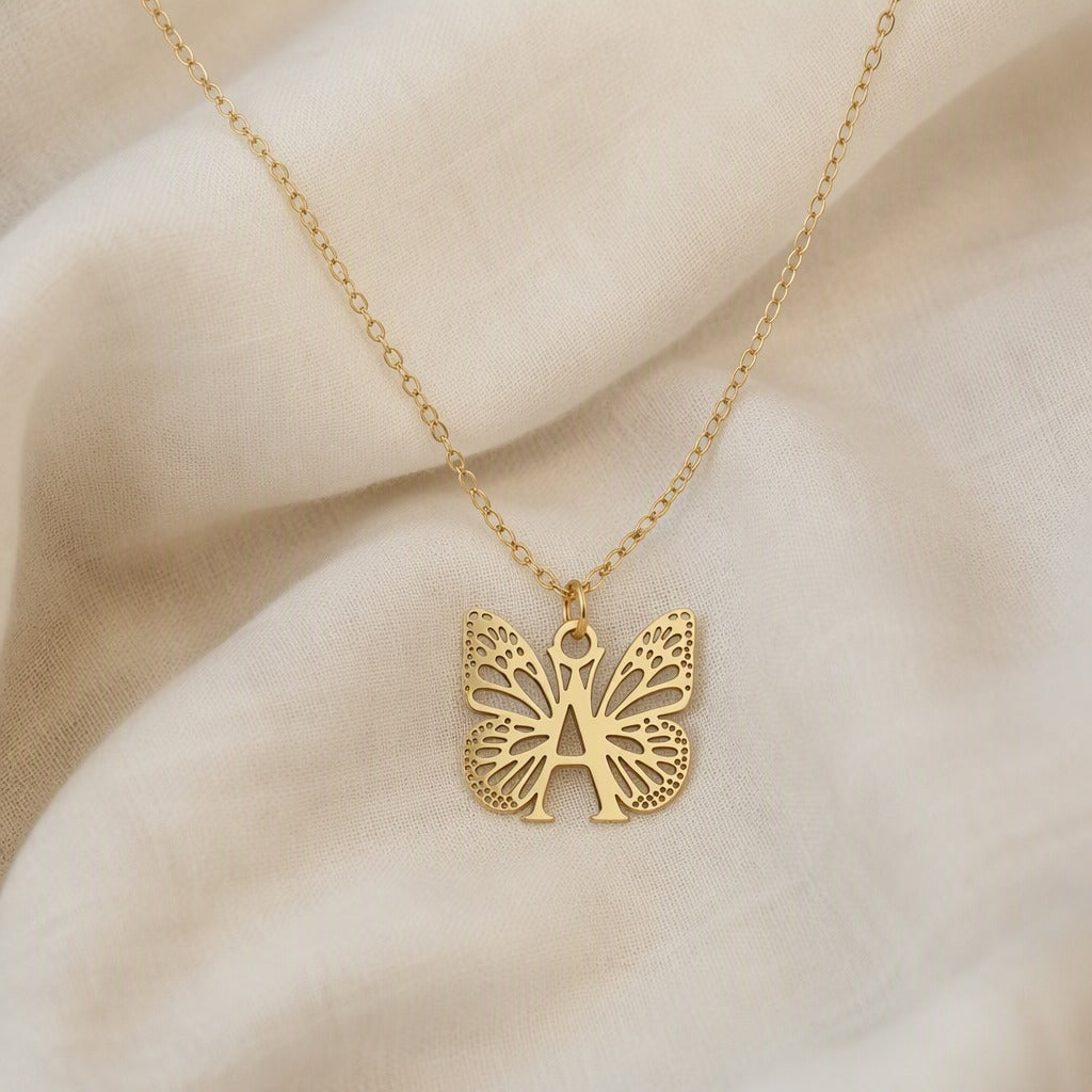 Butterfly Initial Letter Pendant Necklace with Filigree Wings, Gold or Silver Tone — view 2
