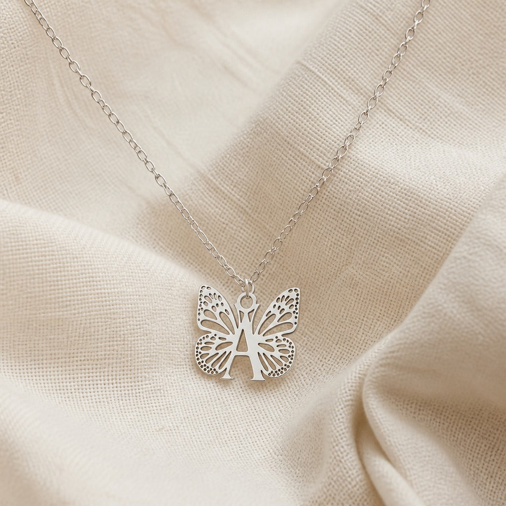Butterfly Initial Letter Pendant Necklace with Filigree Wings, Gold or Silver Tone — view 3