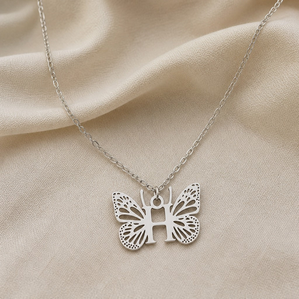 Butterfly Initial Letter Pendant Necklace with Filigree Wings, Gold or Silver Tone — view 17