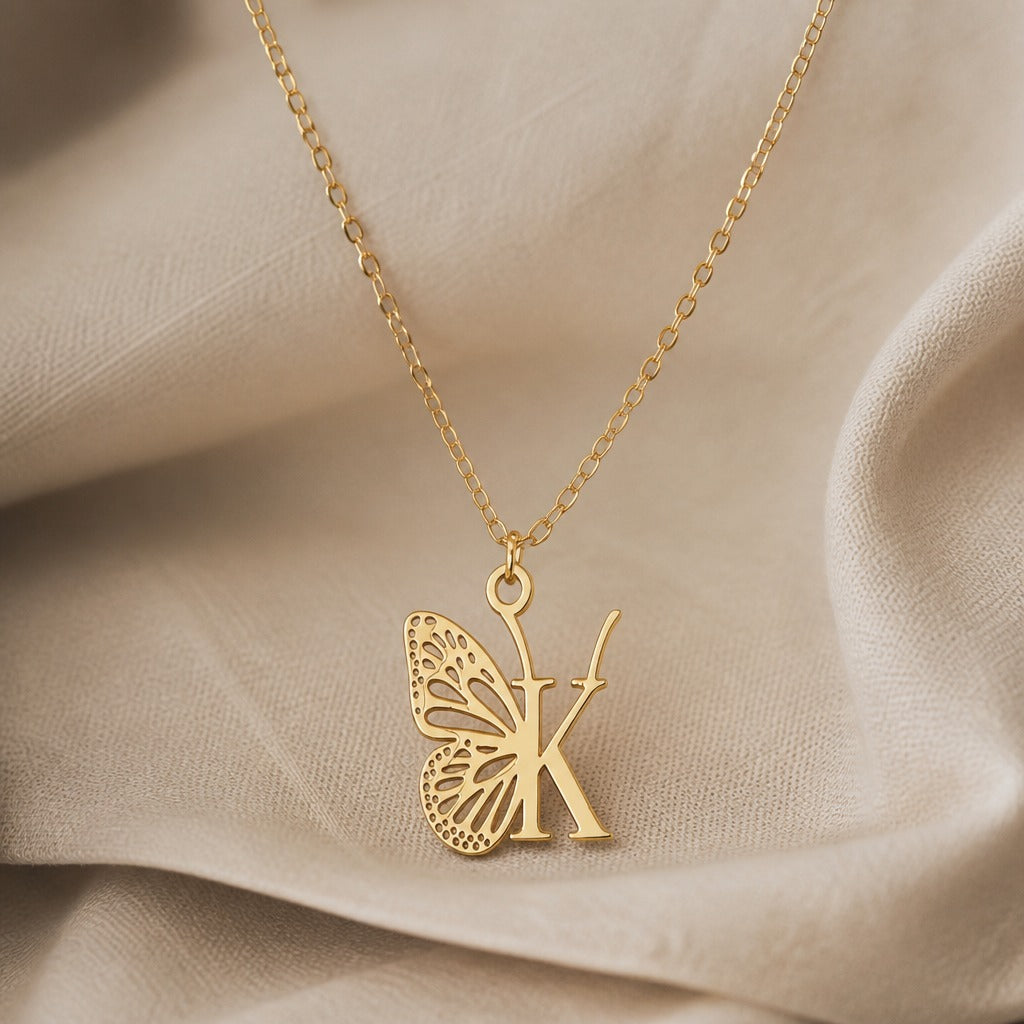Butterfly Initial Letter Pendant Necklace with Filigree Wings, Gold or Silver Tone — view 22