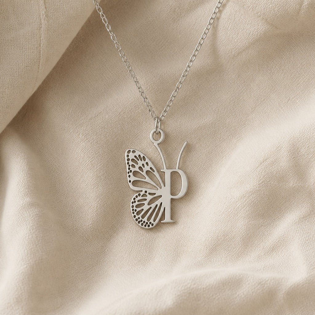 Butterfly Initial Letter Pendant Necklace with Filigree Wings, Gold or Silver Tone — view 33