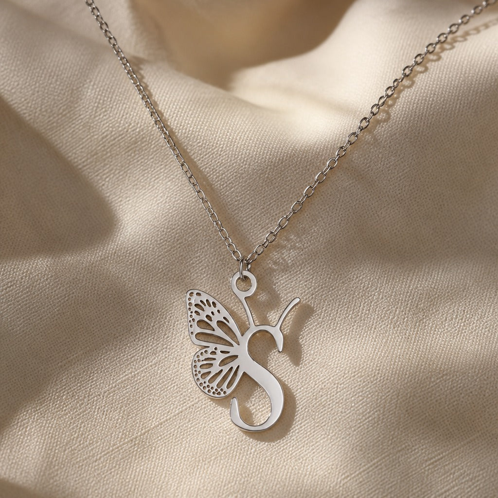 Butterfly Initial Letter Pendant Necklace with Filigree Wings, Gold or Silver Tone — view 39