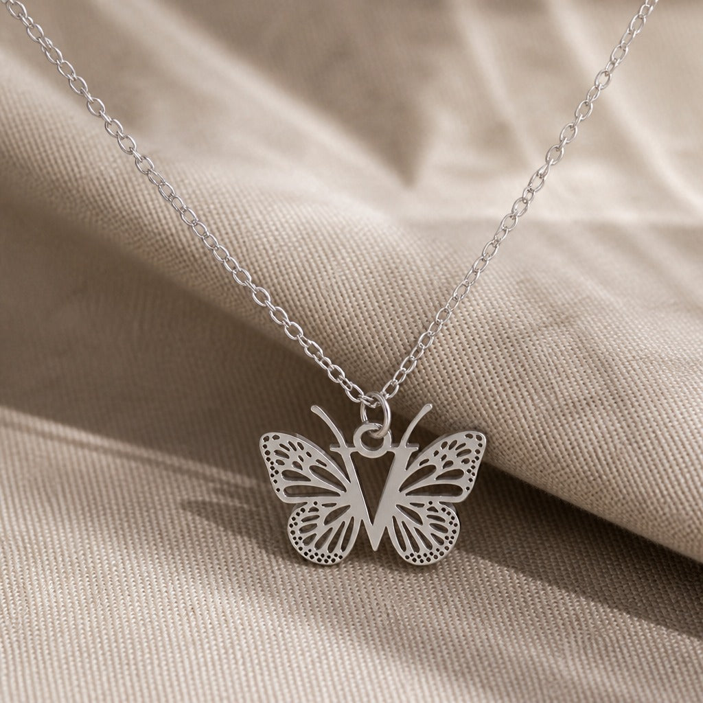 Butterfly Initial Letter Pendant Necklace with Filigree Wings, Gold or Silver Tone — view 45