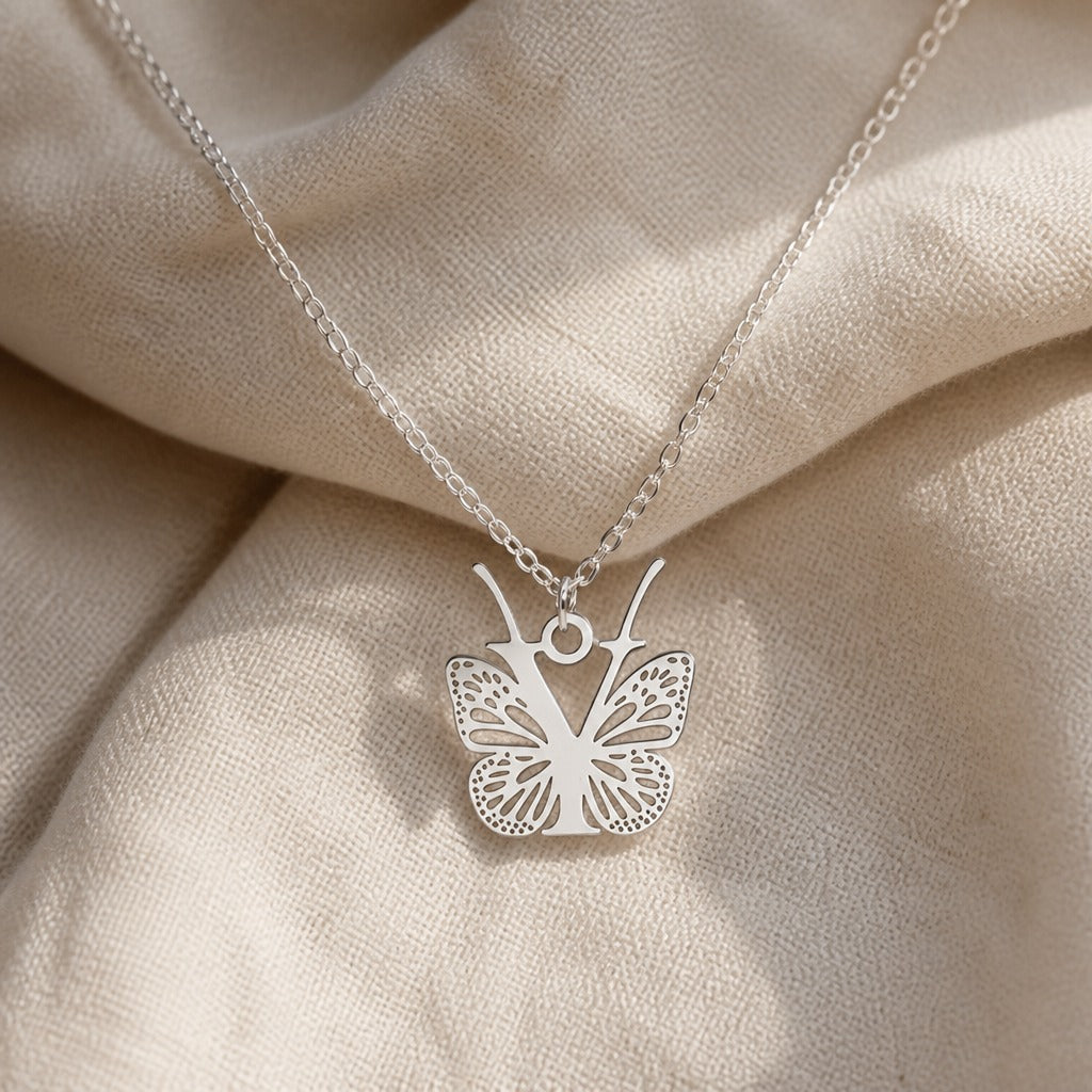 Butterfly Initial Letter Pendant Necklace with Filigree Wings, Gold or Silver Tone — view 51