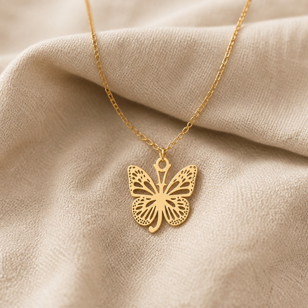 Butterfly Initial Letter Pendant Necklace with Filigree Wings, Gold or Silver Tone — view 20