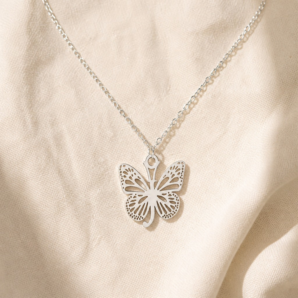 Butterfly Initial Letter Pendant Necklace with Filigree Wings, Gold or Silver Tone — view 21