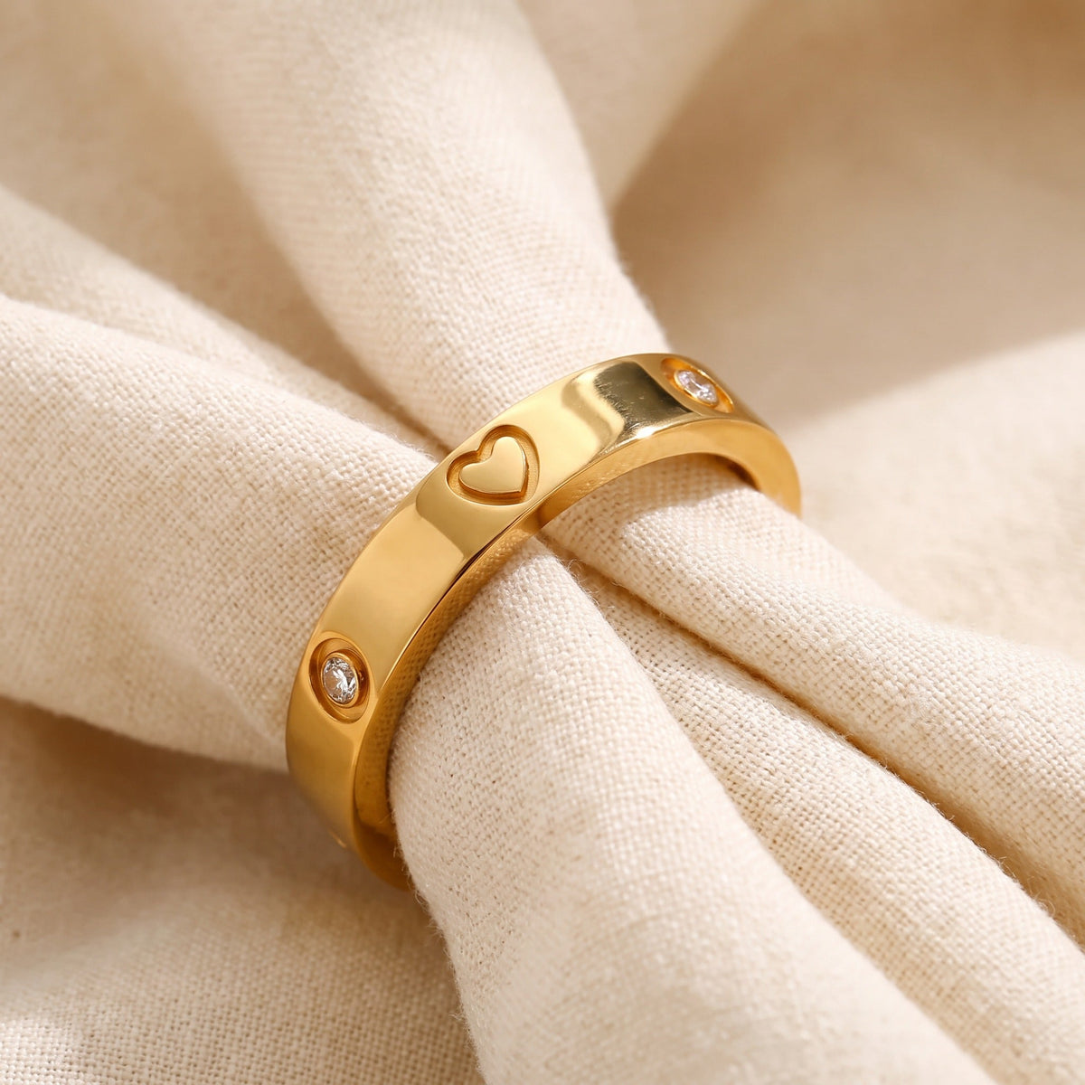 Heart Motif Eternity Ring with Cubic Zirconia Stones, Gold-Tone Band — view 2