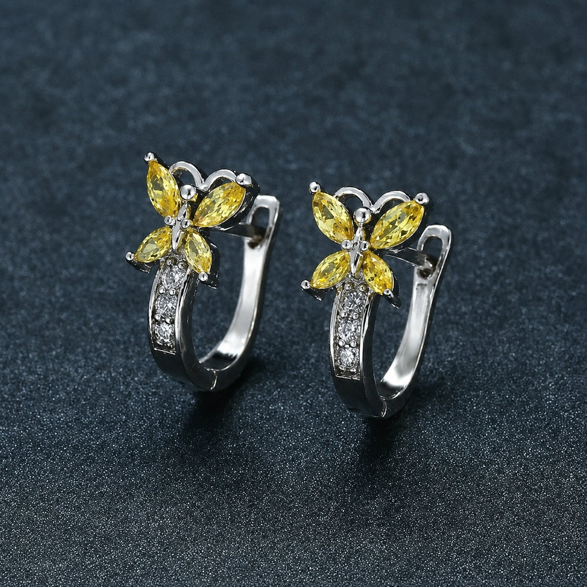 Butterfly Hoop Earrings with Yellow Cubic Zirconia Stones in Gold-Tone Plating — view 2