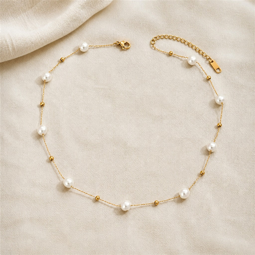 Gold-Tone Pearl Station Necklace with Adjustable Chain — view 2