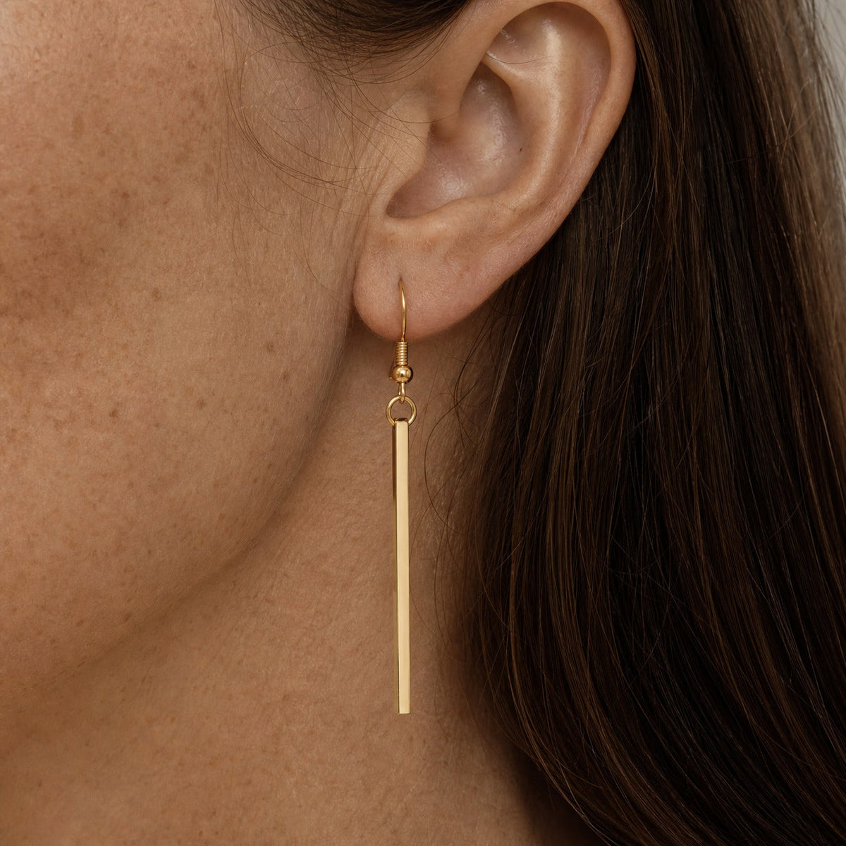 Linear Bar Drop Earrings in Gold Tone with Curved Fish Hook Wire — view 2