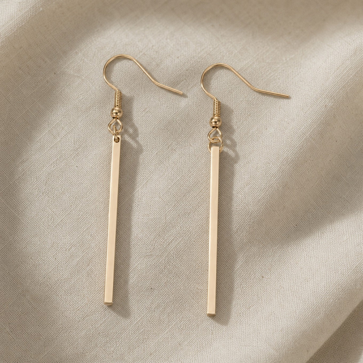 Linear Bar Drop Earrings in Gold Tone with Curved Fish Hook Wire — main image