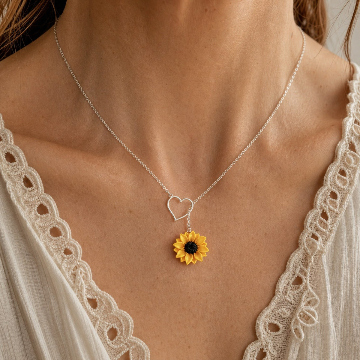 Yellow Sunflower Pendant Necklace with Silver-Tone Heart Charm — main image