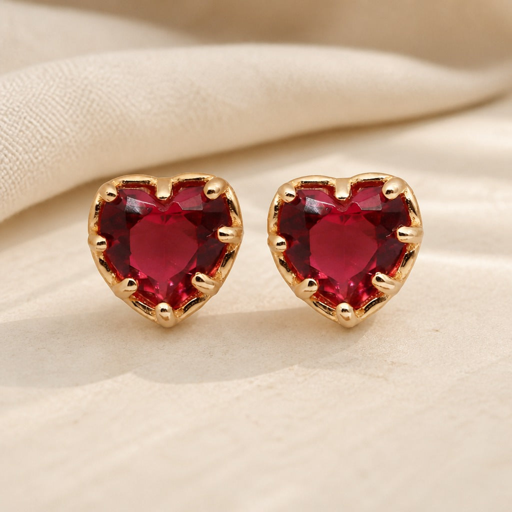 Heart-Shaped Red Stone Stud Earrings with Beaded Halo Border — view 2